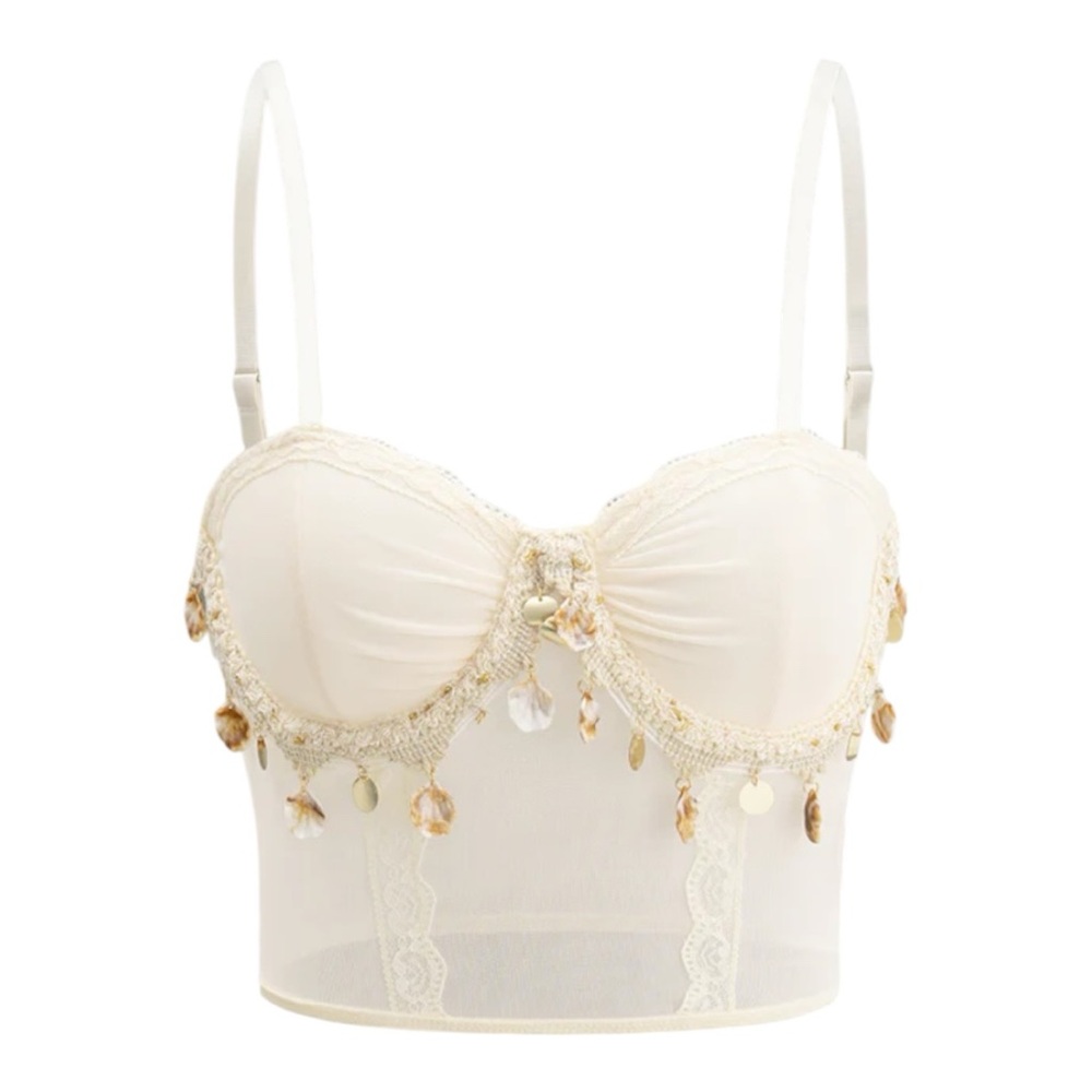MICAS mesh bustier ruched lace trim cami top with accent faux shells